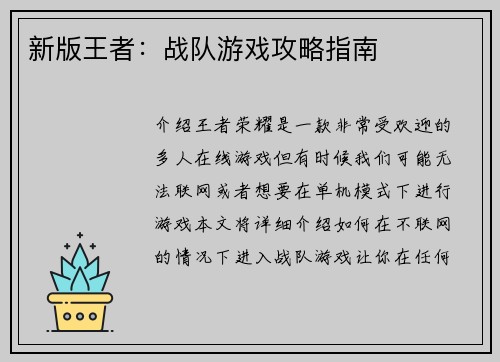 新版王者：战队游戏攻略指南